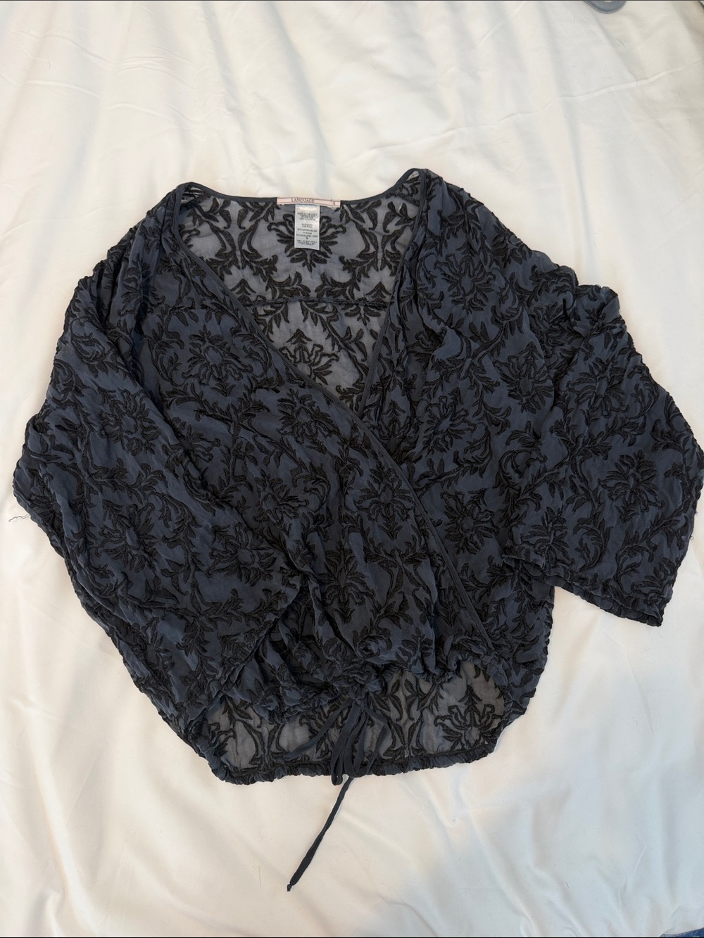 Language Black Floral Burnout Wrap Blouse with Drawstring